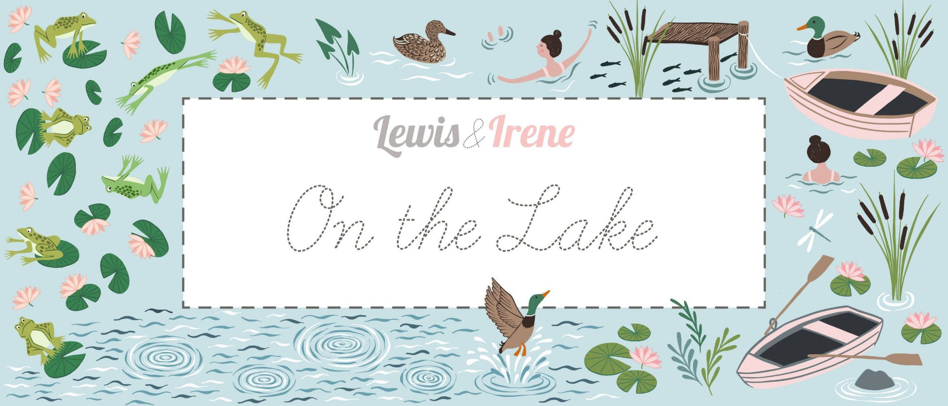 Lewis & Irene On The Lake Fabric Collection A Dip in the Lake on Duck Egg Blue Premium 100% Cotton Quilt Shop Quality Fabrics