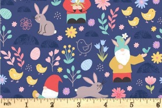 Lewis & Irene Spring Treats Fabric Collection Spring Gnomes on Dark Blue Premium 100% Cotton Quilt Shop Quality Fabrics