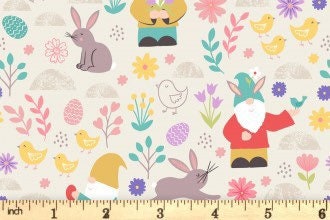 Lewis & Irene Spring Treats Fabric Collection Spring Gnomes on Cream Premium 100% Cotton Quilt Shop Quality Fabrics