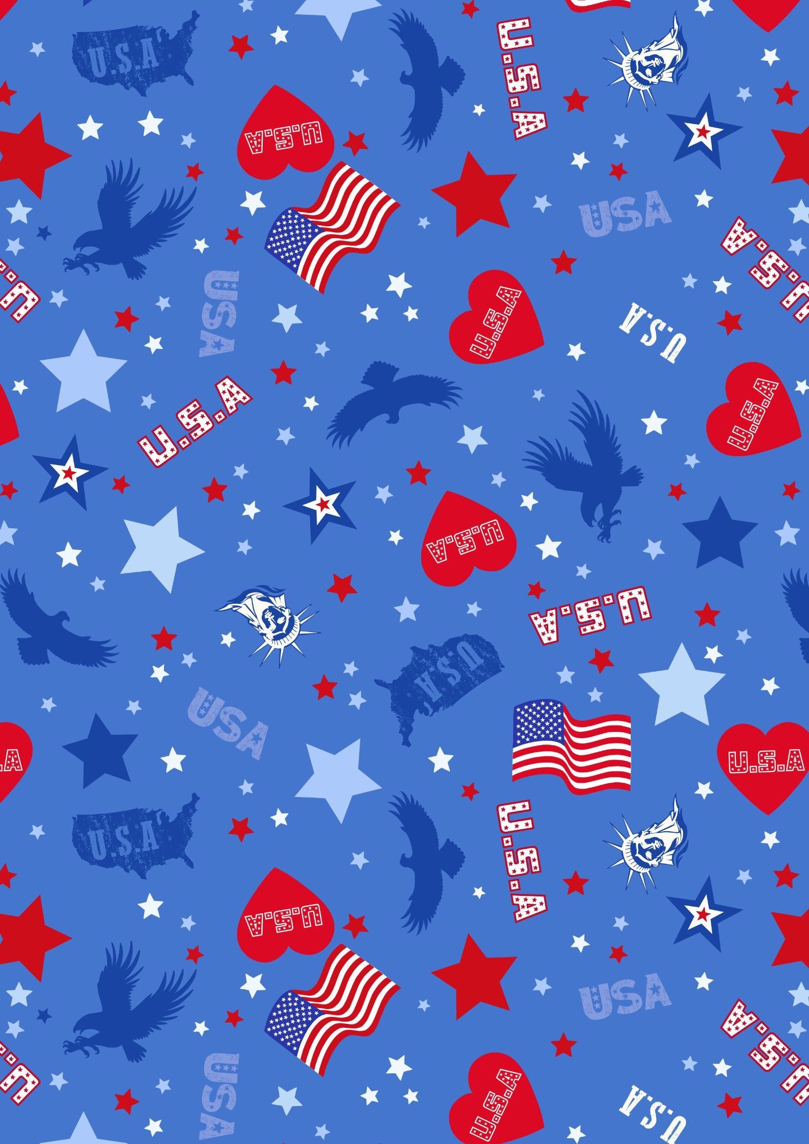 Lewis & Irene Americana Fabric Collection USA Motifs on Mid Blue Premium 100% Cotton Quilt Shop Quality Fabrics