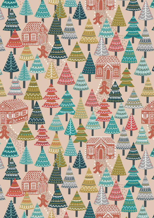 LAST BOLT! Lewis & Irene Gingerbread Season Fabric Collection Gingerbread Forest on Light Butterscotch Premium 100% Cotton Fabric