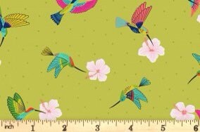 LAST BOLT! Lewis & Irene Hibiscus Hummingbird Fabric Collection Scattered Hummingbirds on Tropical Green Premium 100% Cotton Fabrics