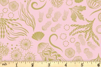 Lewis & Irene Moontide Fabric Collection Metallic Gold Jellyfish on Pink Premium 100% Cotton Quilt Shop Quality Fabrics