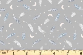 LAST BOLT! Lewis & Irene Enchanted Fabric Collection Metallic Silver Feathers and Stars on Grey Premium 100% Cotton Fabrics