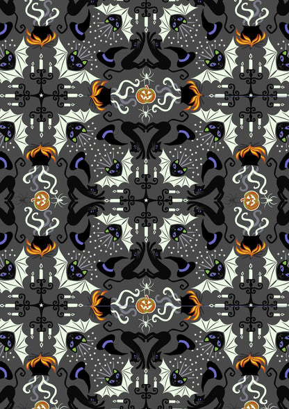 GLOWING FABRICS!! Lewis & Irene Haunted House Fabric Collection Glowing Hats, Cats, and Bats on Black Premium 100% Cotton Fabrics