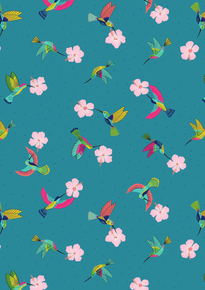 LAST BOLT! Lewis & Irene Hibiscus Hummingbird Fabric Collection Scattered Hummingbirds on Tropical Blue Premium 100% Cotton Fabrics