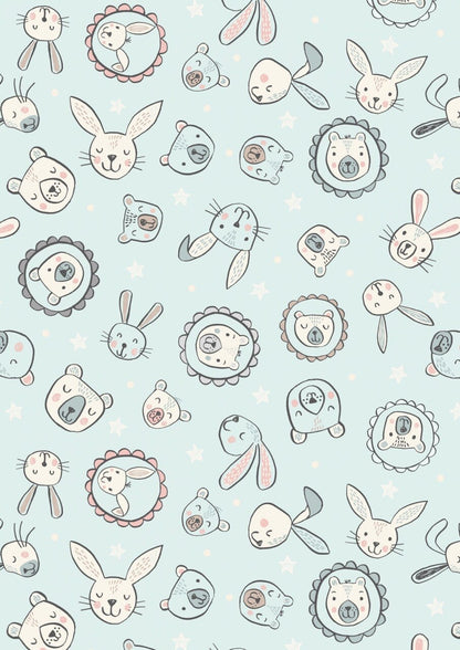 LAST BOLT!! Lewis & Irene Bella Bunny and Bear Fabric Collection Bella and Bear Faces on Pale Blue Premium 100% Cotton Fabrics