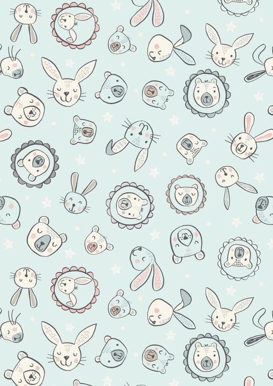 LAST BOLT!! Lewis & Irene Bella Bunny and Bear Fabric Collection Bella and Bear Faces on Pale Blue Premium 100% Cotton Fabrics