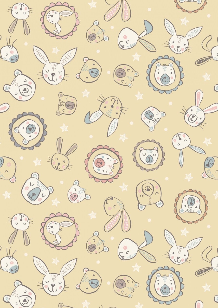 Lewis & Irene Bella Bunny and Bear Fabric Collection Bella and Bear Faces on Yellow Premium 100% Cotton Quilt Shop Quality Fabrics