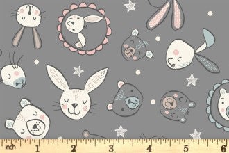 Lewis & Irene Bella Bunny and Bear Fabric Collection Bella and Bear Faces on Dark Grey Premium 100% Cotton Quilt Shop Quality Fabrics