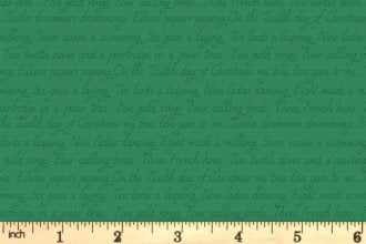 LAST BOLT!! Lewis & Irene 12 Days of Christmas Fabric Collection Christmas Script on Green Premium 100% Cotton Fabrics