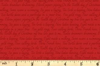 LAST BOLT!! Lewis & Irene 12 Days of Christmas Fabric Collection Christmas Script on Red Premium 100% Cotton Fabrics