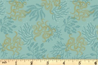 Lewis & Irene Moontide Fabric Collection Metallic Gold Octopus on Aqua Premium 100% Cotton Quilt Shop Quality Fabrics