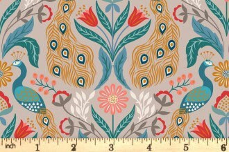 Lewis & Irene Wintertide Fabric Collection Metallic Copper Peacocks on Linen Premium 100% Cotton Quilt Shop Quality Fabrics