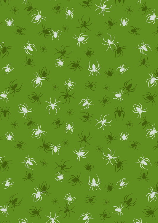 GLOWING FABRICS!! Lewis & Irene Haunted House Fabric Collection Glowing Spiders on Green Premium 100% Cotton Fabrics