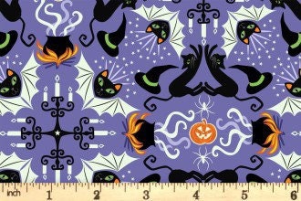 LAST BOLT!! Lewis & Irene Haunted House Fabric Collection Glowing Hats, Cats, and Bats on Spooky Blue Premium 100% Cotton Fabrics