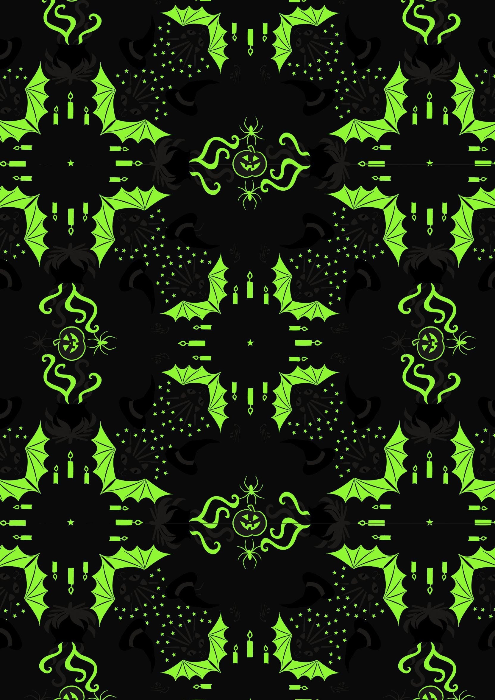 GLOWING FABRICS!! Lewis & Irene Haunted House Fabric Collection Glowing Hats, Cats, and Bats on Black Premium 100% Cotton Fabrics