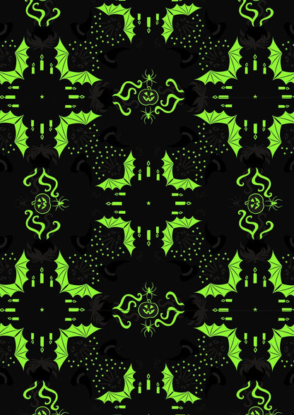 GLOWING FABRICS!! Lewis & Irene Haunted House Fabric Collection Glowing Hats, Cats, and Bats on Black Premium 100% Cotton Fabrics