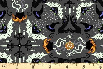 GLOWING FABRICS!! Lewis & Irene Haunted House Fabric Collection Glowing Hats, Cats, and Bats on Black Premium 100% Cotton Fabrics