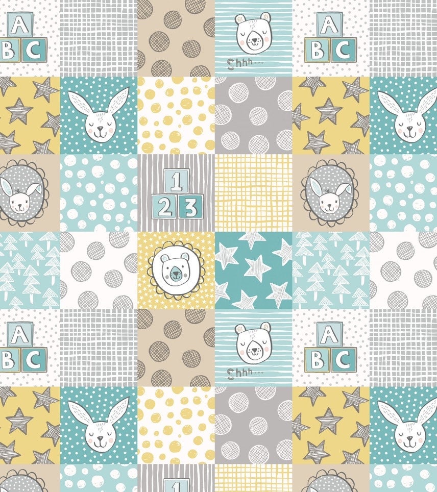 Lewis & Irene Bella Bunny and Bear Fabric Collection 3” Squares on Yellow Premium 100% Cotton Quilt Shop Quality Fabrics