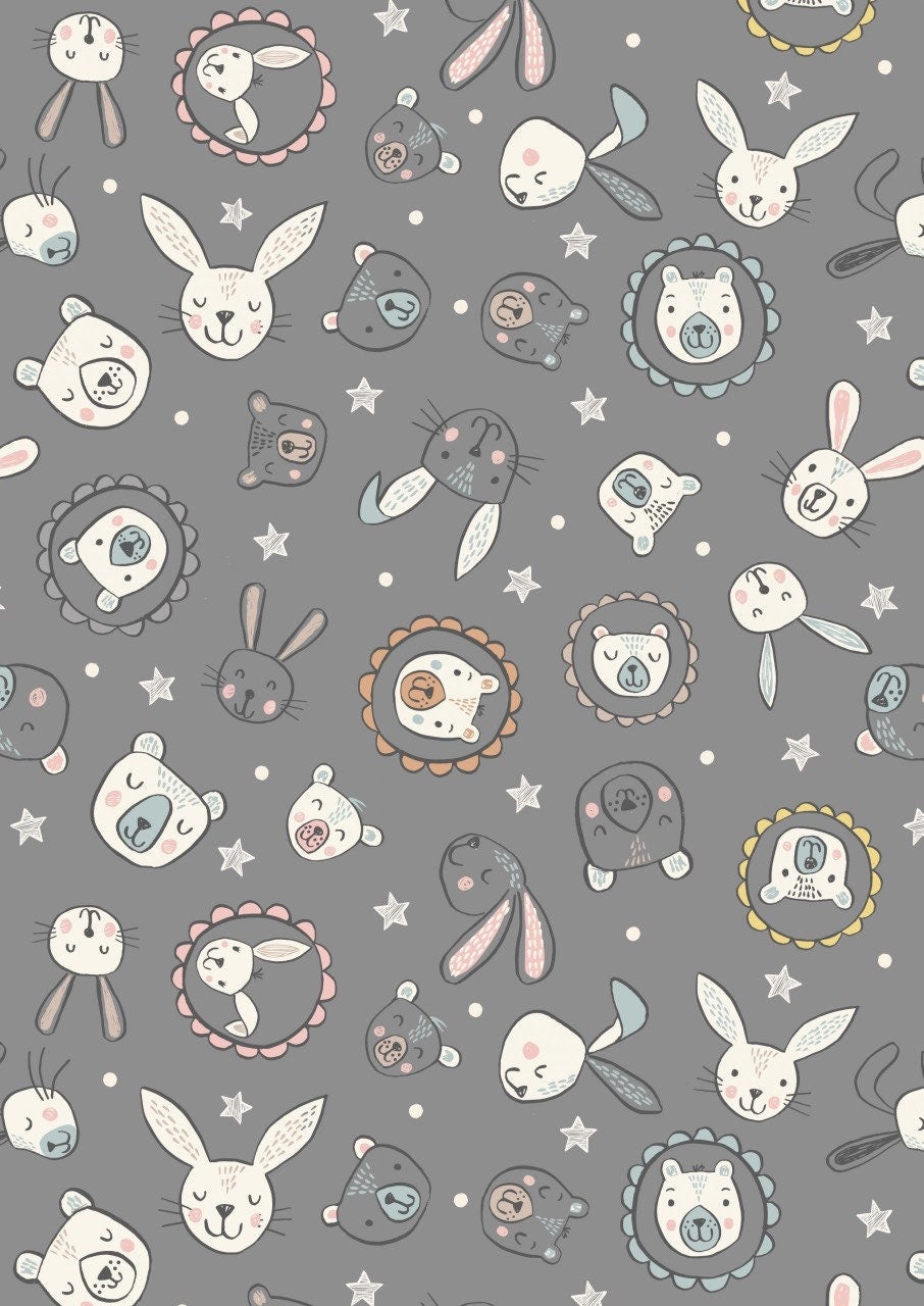 Lewis & Irene Bella Bunny and Bear Fabric Collection Bella and Bear Faces on Dark Grey Premium 100% Cotton Quilt Shop Quality Fabrics