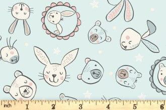 LAST BOLT!! Lewis & Irene Bella Bunny and Bear Fabric Collection Bella and Bear Faces on Pale Blue Premium 100% Cotton Fabrics