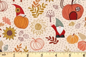 LAST BOLT! Lewis & Irene Snuggle Season Fabric Collection Autumn Gnomes on Dark Cream Premium 100% Cotton Quilt Shop Quality Fabrics