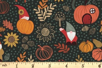 LAST BOLT! Lewis & Irene Snuggle Season Fabric Collection Autumn Gnomes on Dark Forest Premium 100% Cotton Quilt Shop Quality Fabrics