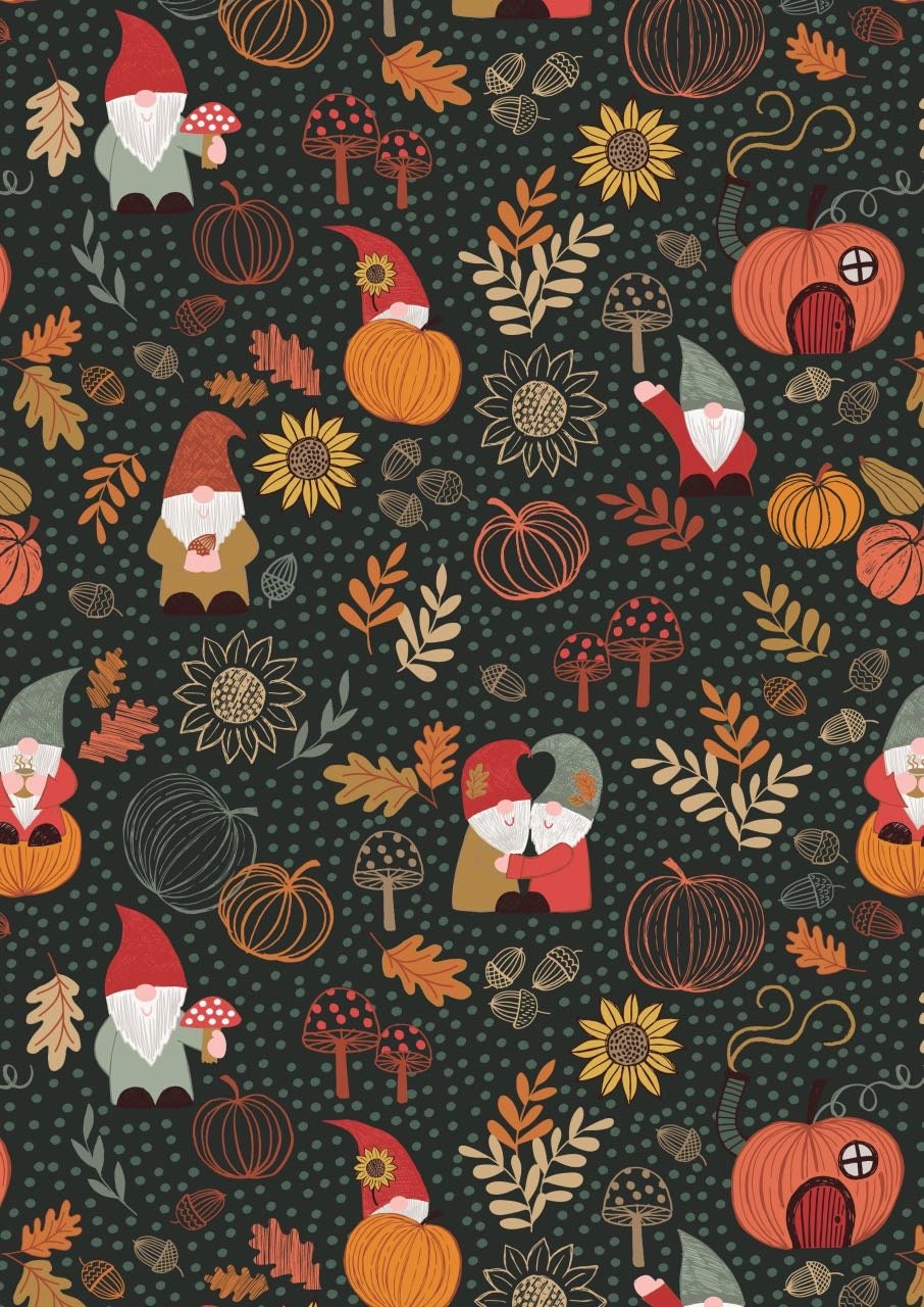 LAST BOLT! Lewis & Irene Snuggle Season Fabric Collection Autumn Gnomes on Dark Forest Premium 100% Cotton Quilt Shop Quality Fabrics