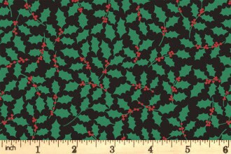 LAST BOLT!! Lewis & Irene 12 Days of Christmas Fabric Collection Christmas Holly on Black Premium 100% Cotton Fabrics