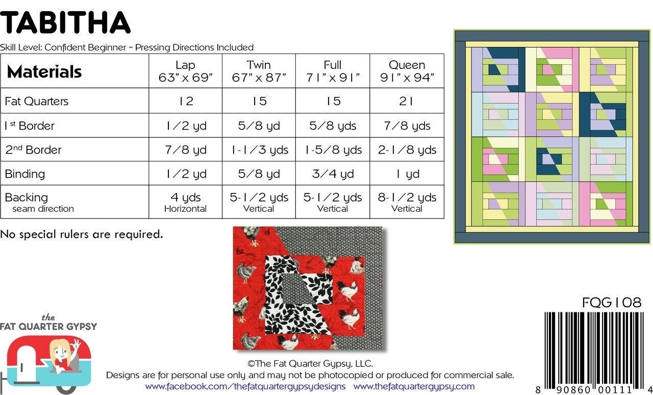 The Fat Quarter Gypsy Tabitha Quilt Pattern (4 Size Variations Per Pattern)