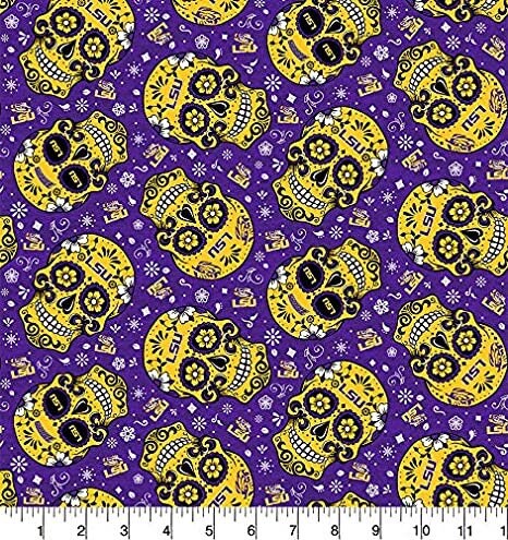 LSU Tigers (Louisiana State University) Sugar Skulls Print Fabric by Sykel QSQ100% Cotton