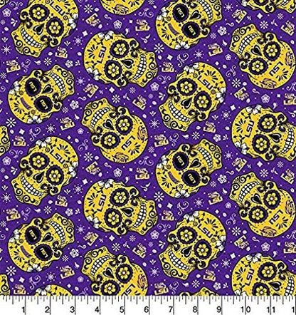 LSU Tigers (Louisiana State University) Sugar Skulls Print Fabric by Sykel QSQ100% Cotton