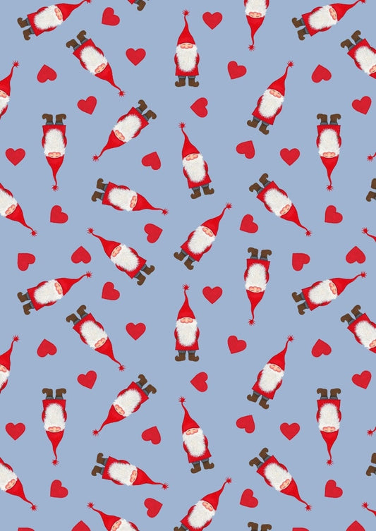 Lewis & Irene Digital Print Tomten's Village Fabric Collection Tomten and Hearts on Blue Premium 100% Cotton Fabrics