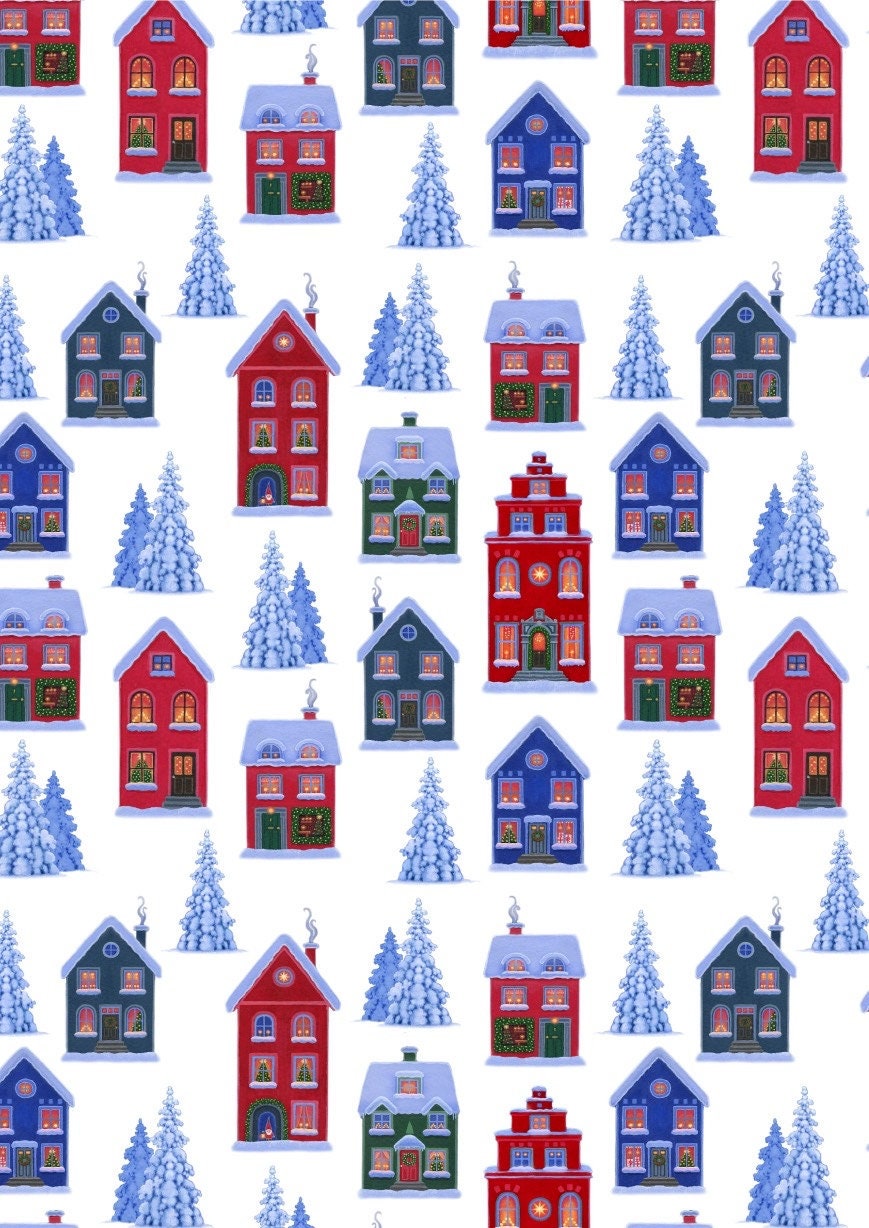 Lewis & Irene Digital Print Tomten's Village Fabric Collection Tomten's Village on White Premium 100% Cotton Quilt Shop Quality Fabrics