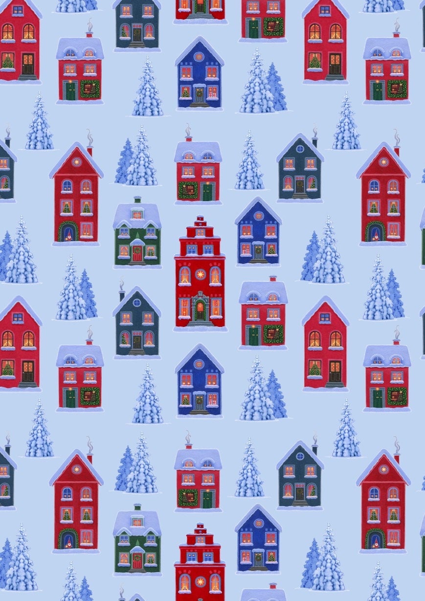 Lewis & Irene Digital Print Tomten's Village Fabric Collection Tomten's Village on Blue Premium 100% Cotton Fabrics