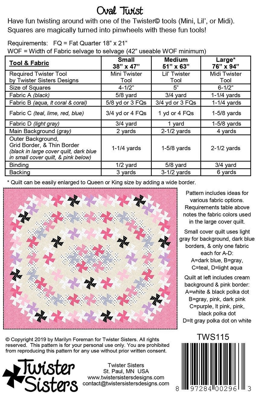 Twister Sisters Oval Twist Quilt Pattern (3 Size Variations Per Pattern)