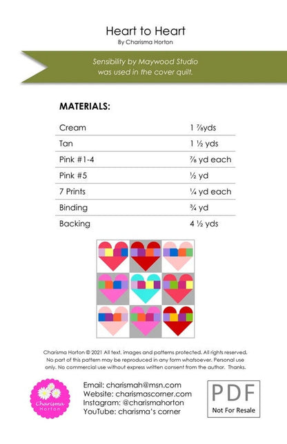 Charisma Horton Heart to Heart Quilt Pattern Finished Size 72"x72"