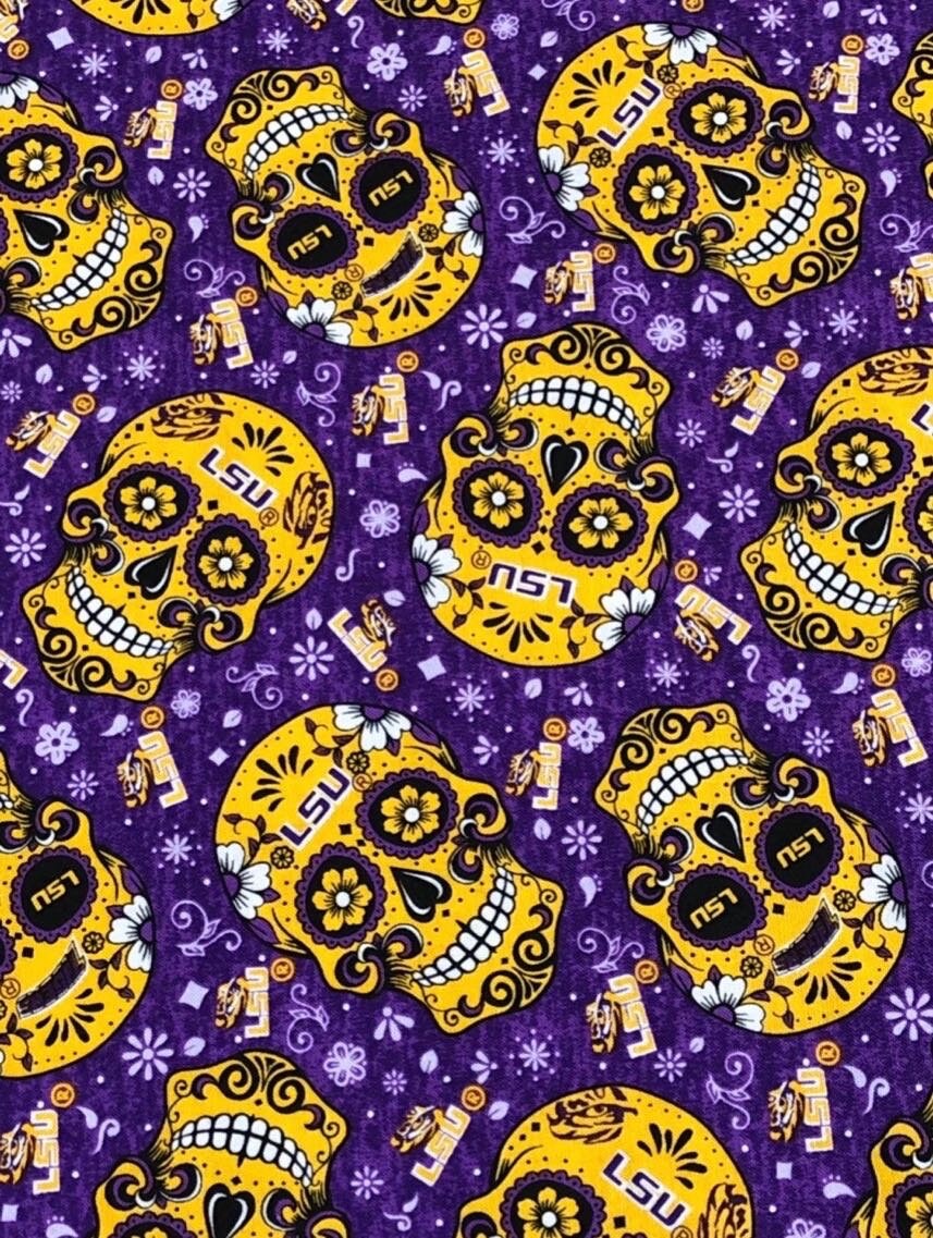 LSU Tigers (Louisiana State University) Sugar Skulls Print Fabric by Sykel QSQ100% Cotton