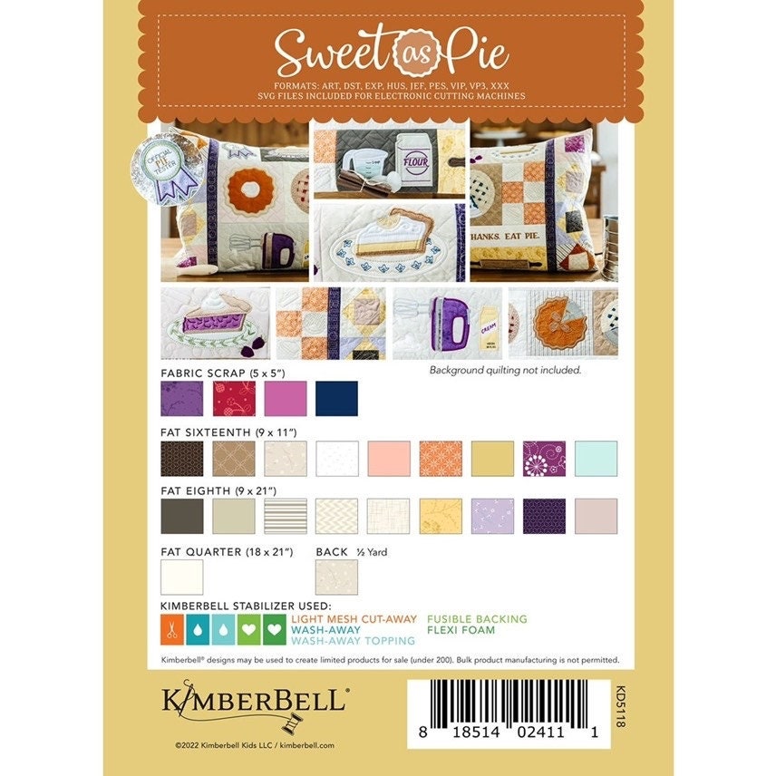 Kimberbell Sweet As Pie Bench Pillow Collection (Machine Embroidery CD, Fabric Kits, Thread Kits, & Embellishment Kits Available)