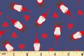 Lewis & Irene Digital Print Tomten's Village Fabric Collection Tomten and Hearts on Dark Blue Premium 100% Cotton Fabrics