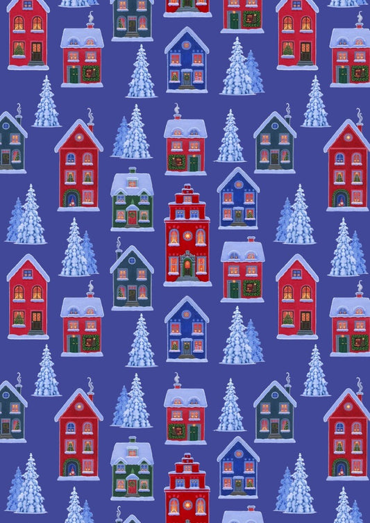 LAST BOLT! Lewis & Irene Digital Print Tomten's Village Fabric Collection Digital Print Tomten's Village on Dark Blue Premium 100% Cotton