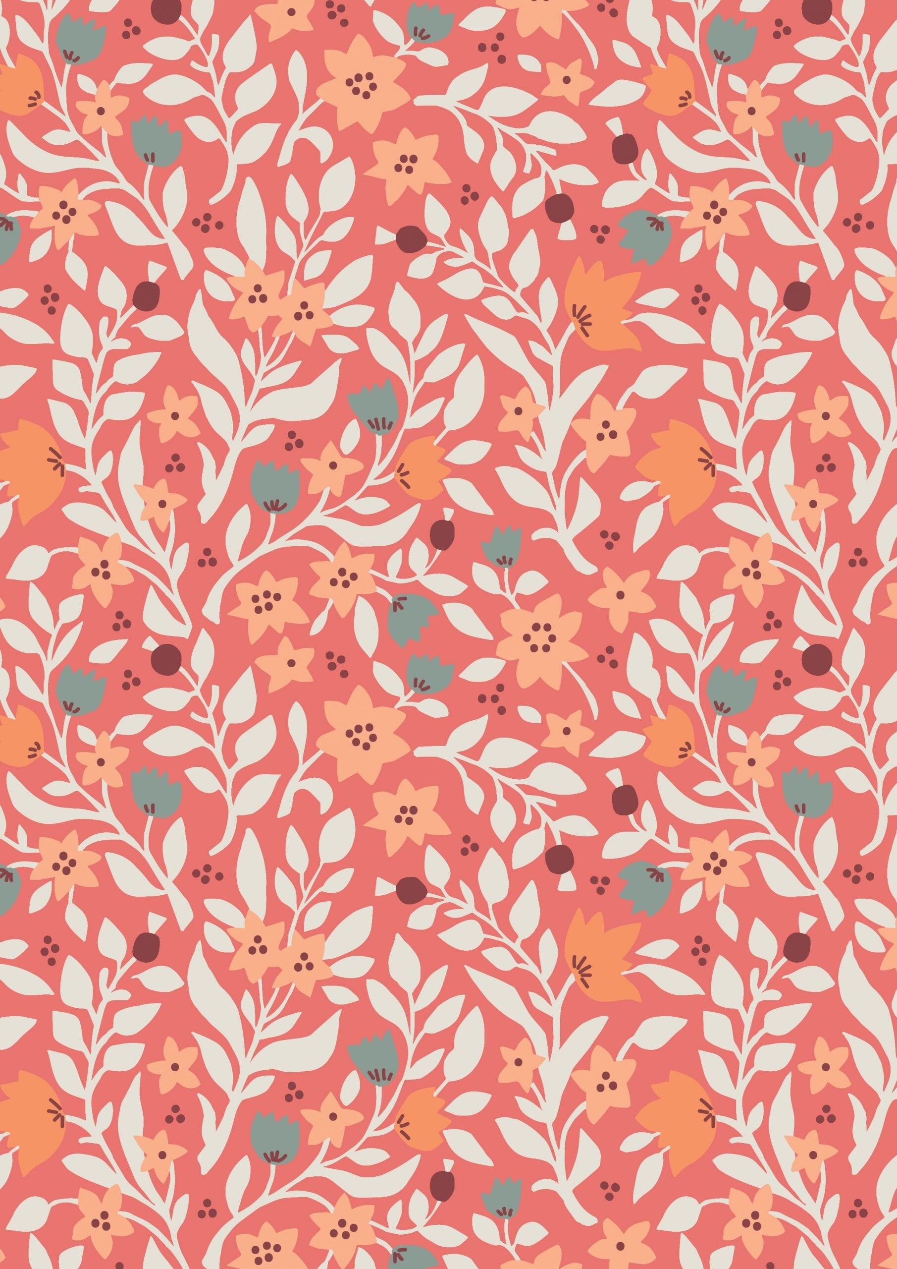 Lewis & Irene Folk Floral Fabric Collection Folk Floral All Over on Coral Premium 100% Cotton Quilt Shop Quality Fabrics