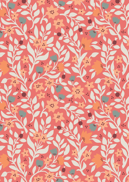 Lewis & Irene Folk Floral Fabric Collection Folk Floral All Over on Coral Premium 100% Cotton Quilt Shop Quality Fabrics