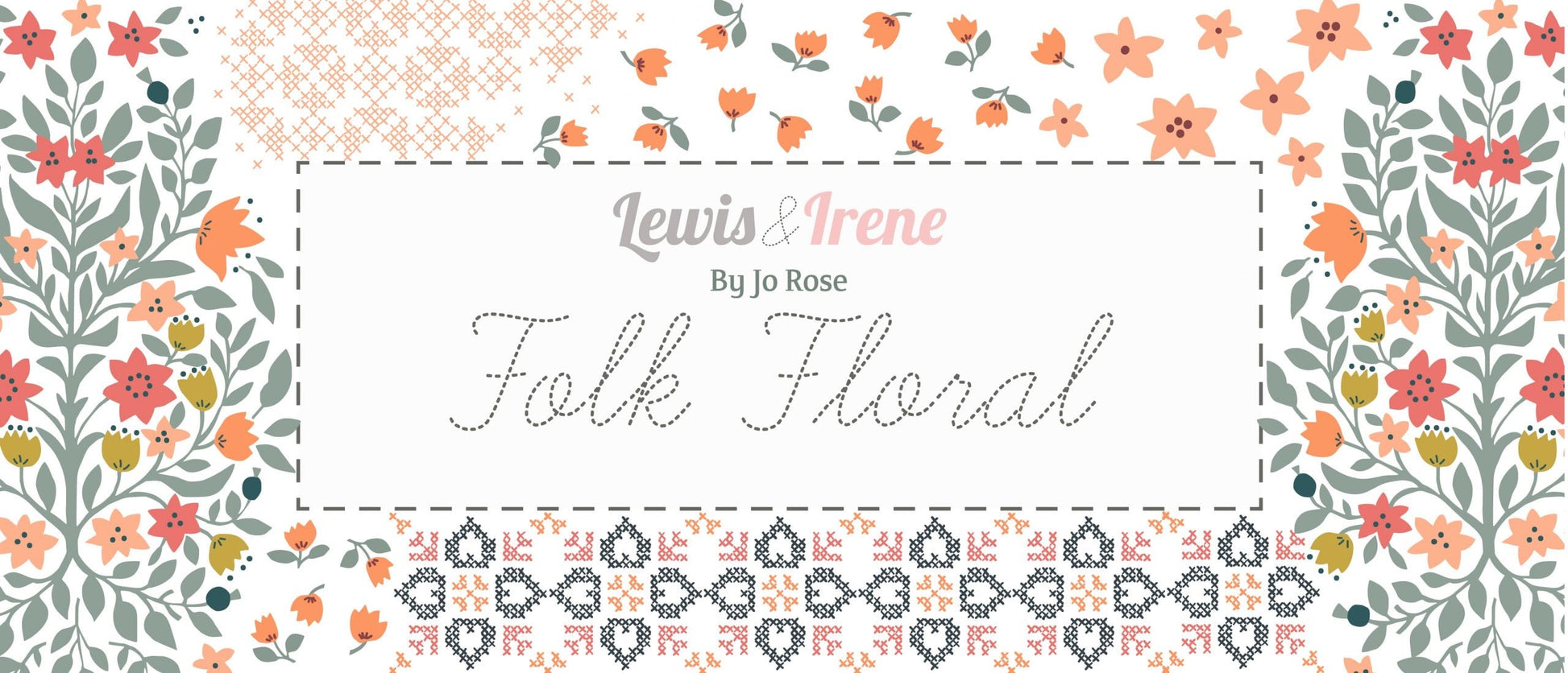 Lewis & Irene Folk Floral Fabric Collection Cross Stitch Hearts on Navy Blue Premium 100% Cotton Quilt Shop Quality Fabrics