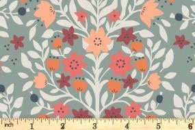 Lewis & Irene Folk Floral Fabric Collection Folk Floral Damask on Iced Sage Premium 100% Cotton Quilt Shop Quality Fabrics