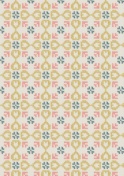 Lewis & Irene Folk Floral Fabric Collection Cross Stitch Hearts on Cream Premium 100% Cotton Quilt Shop Quality Fabrics