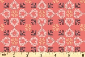 Lewis & Irene Folk Floral Fabric Collection Cross Stitch Hearts on Coral Premium 100% Cotton Quilt Shop Quality Fabrics