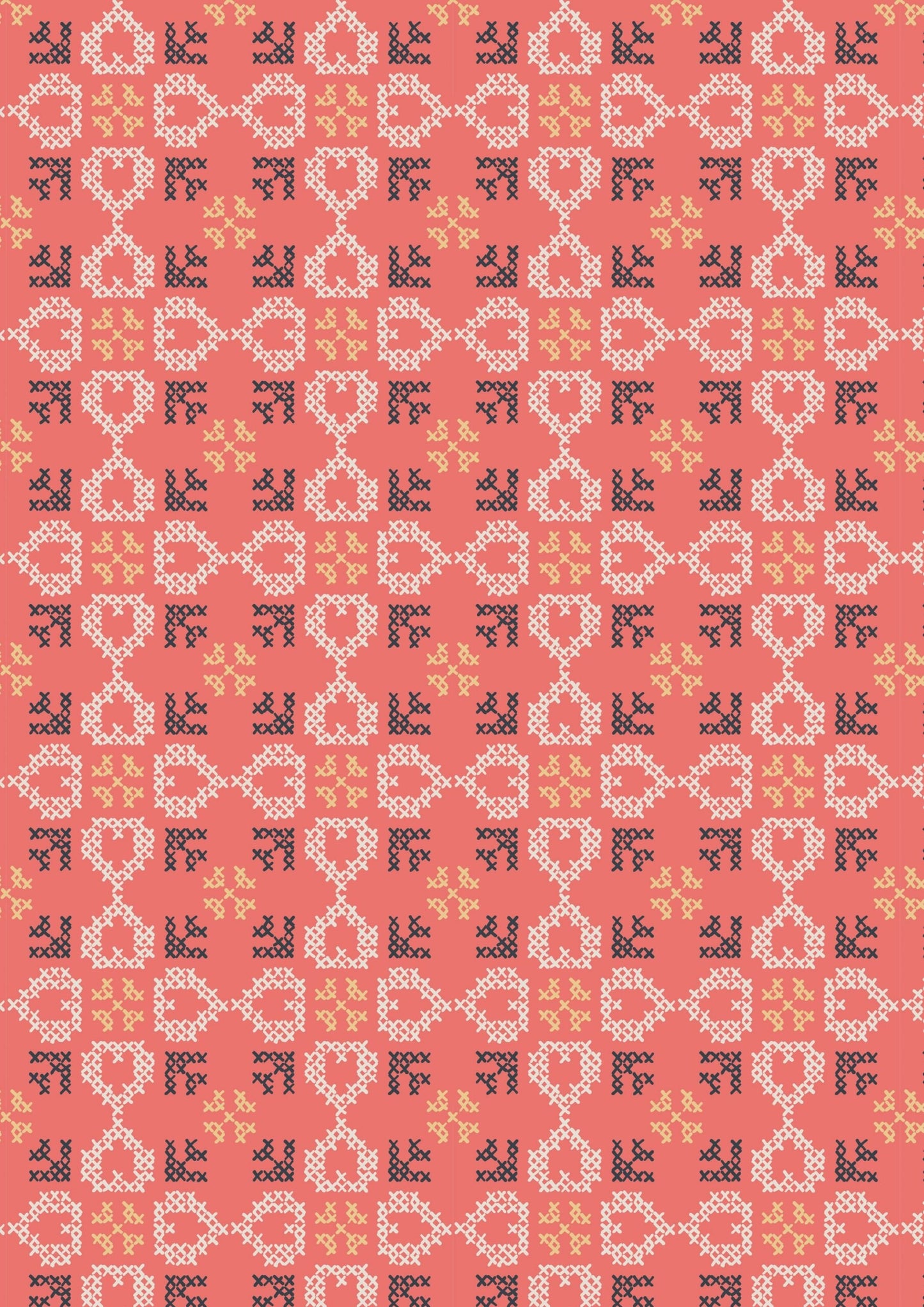 Lewis & Irene Folk Floral Fabric Collection Cross Stitch Hearts on Coral Premium 100% Cotton Quilt Shop Quality Fabrics