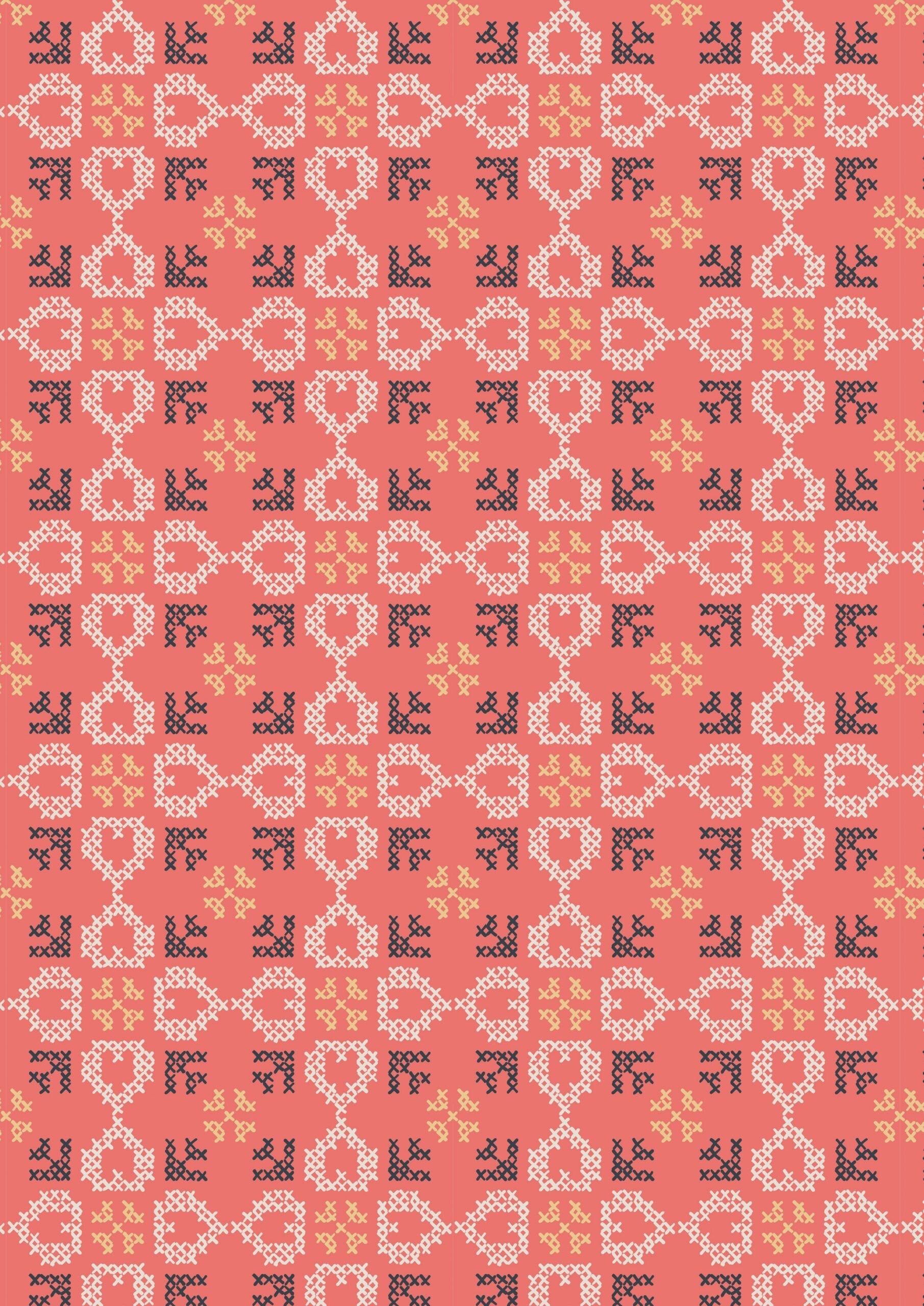 Lewis & Irene Folk Floral Fabric Collection Cross Stitch Hearts on Coral Premium 100% Cotton Quilt Shop Quality Fabrics